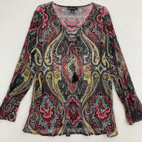INC International Concepts Colorful Paisley Mesh Lace Up Stretch Blouse XL Boho - Picture 1 of 9